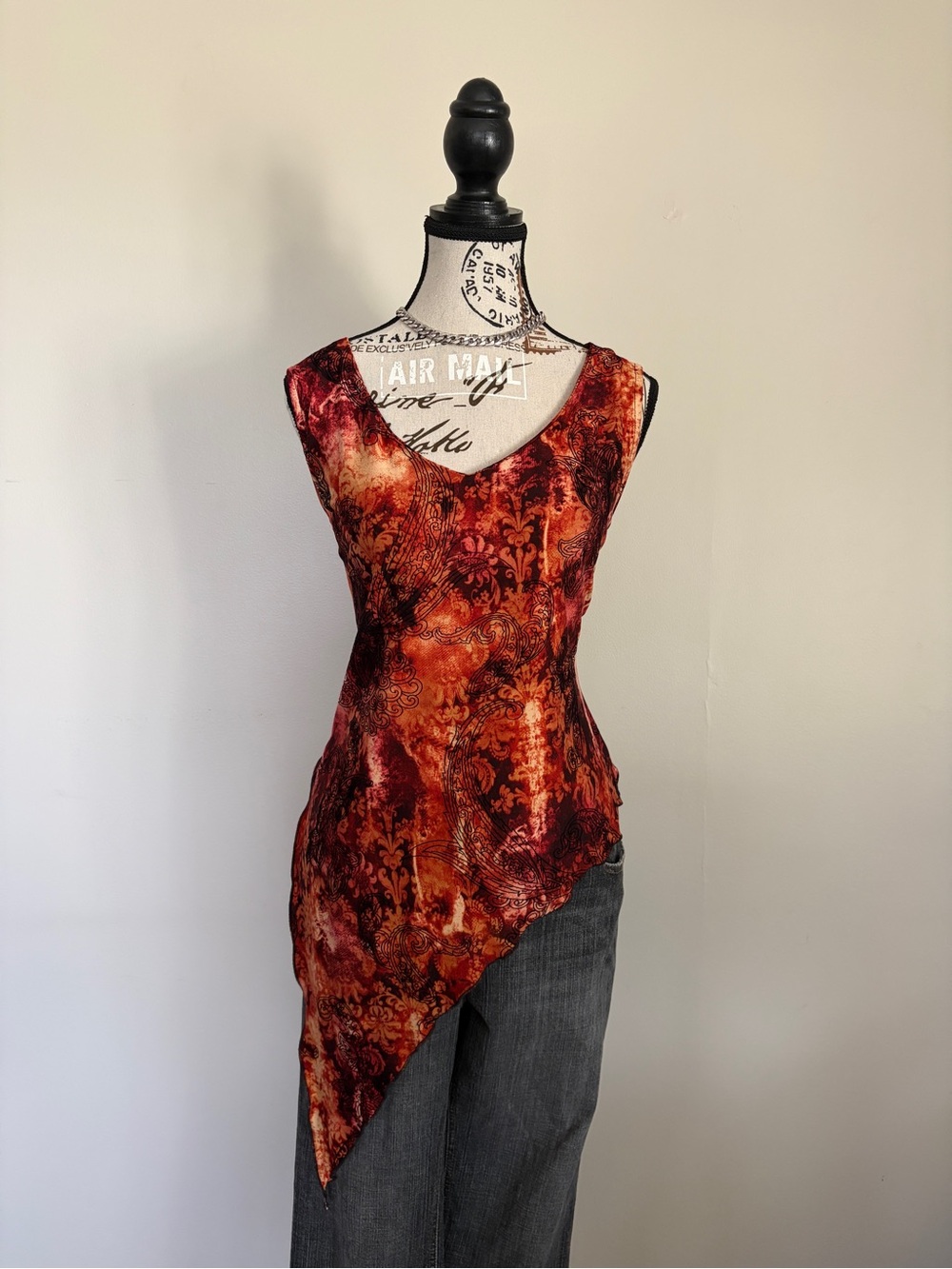 Y2K Burnt Orange Grunge Velvet Detail Asymmetrical Hem Sleeveless Tank Blouse